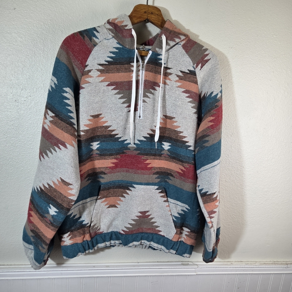 Southwestern Aztec Hoodie L Quarter Zip Pullover Tribal Boho - Picture 3 of 12